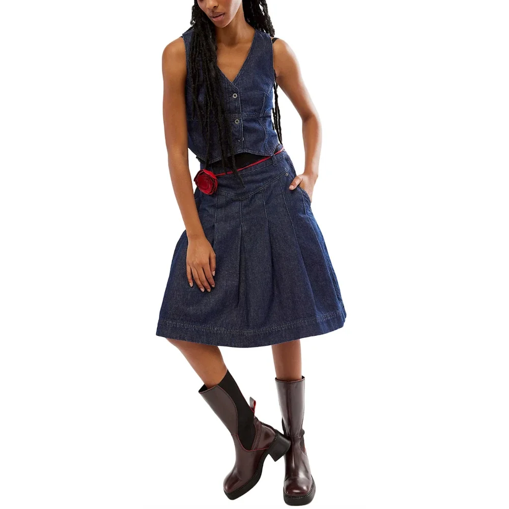NEW FREE PEOPLE SCOUT DENIM CROPPED VEST TOP SKIRT SET OB1879827 SZ 4